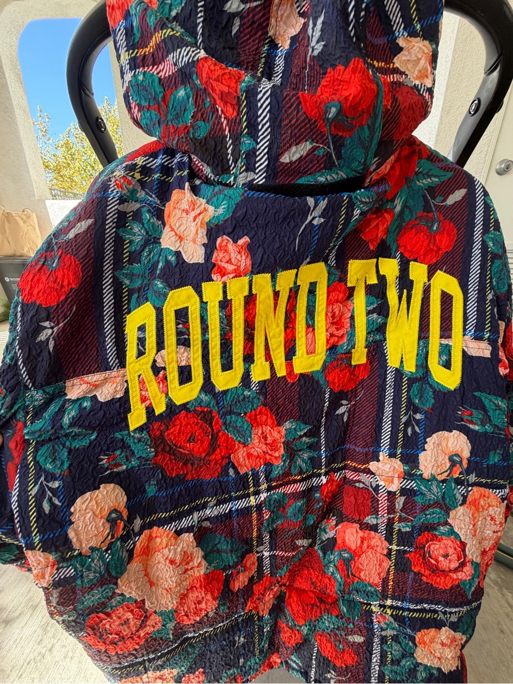 Round Two Kids Floral Hooded Puffer Jacket - Navy with Red Floral